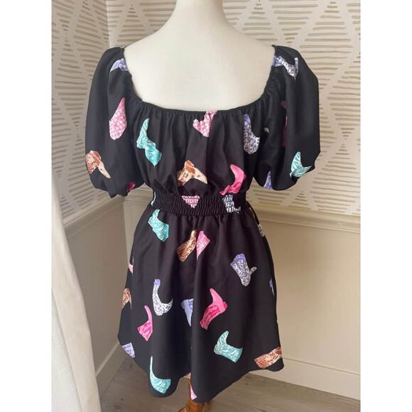 Peach Love Women’s Large Cowgirl Let’s Go Girls Black Boot Puff Sleeve Dress - Picture 4 of 5